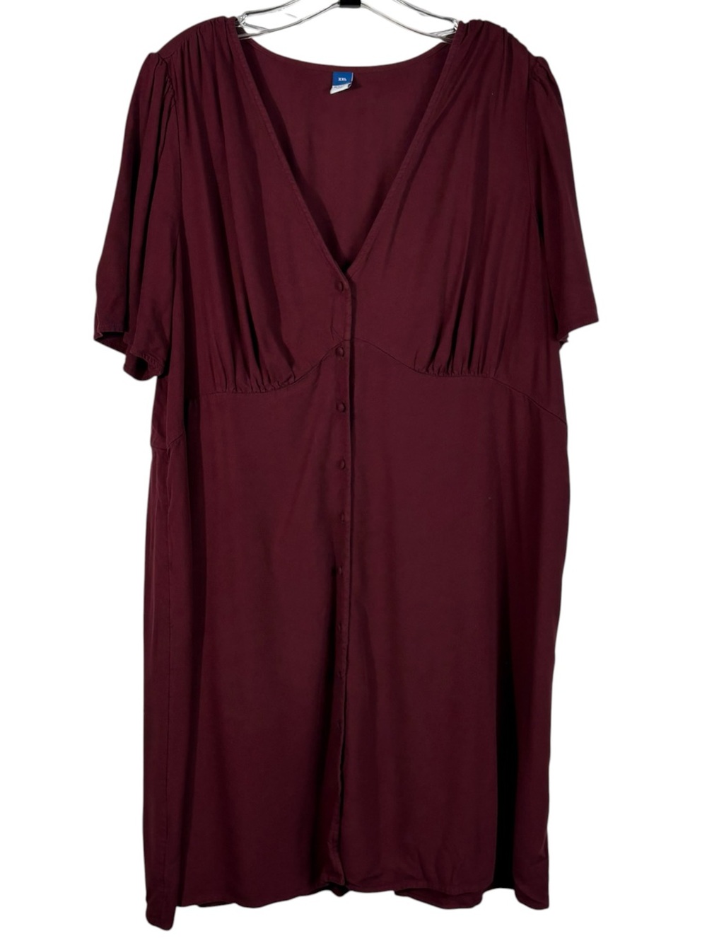 Old Navy Maroon Red Pleated Chest V-Neck Button Down Dress 2XL XXL Cottagecore